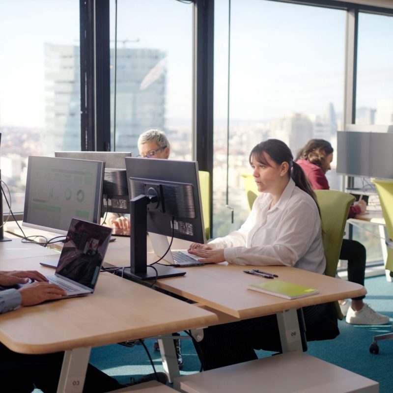 Group of colleagues working at computer stations in a bright modern office with city views, combining focus and collaboration while analyzing data and discussing tasks in a shared workspace.